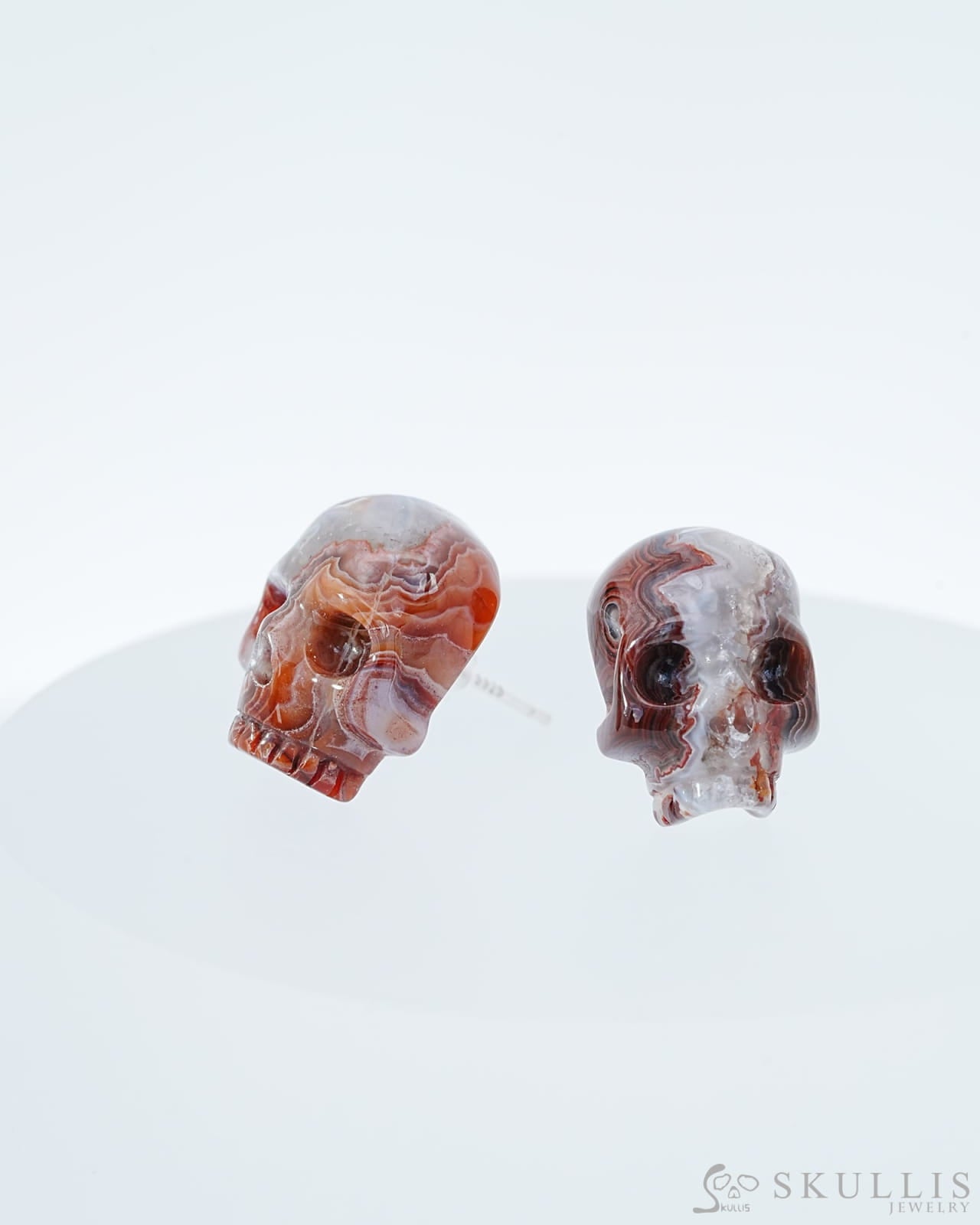 Gem Skull Earrings of Red Crazy Lace Agate Carved Skull 925 Sterling Silver - 9800182 One of a Kind