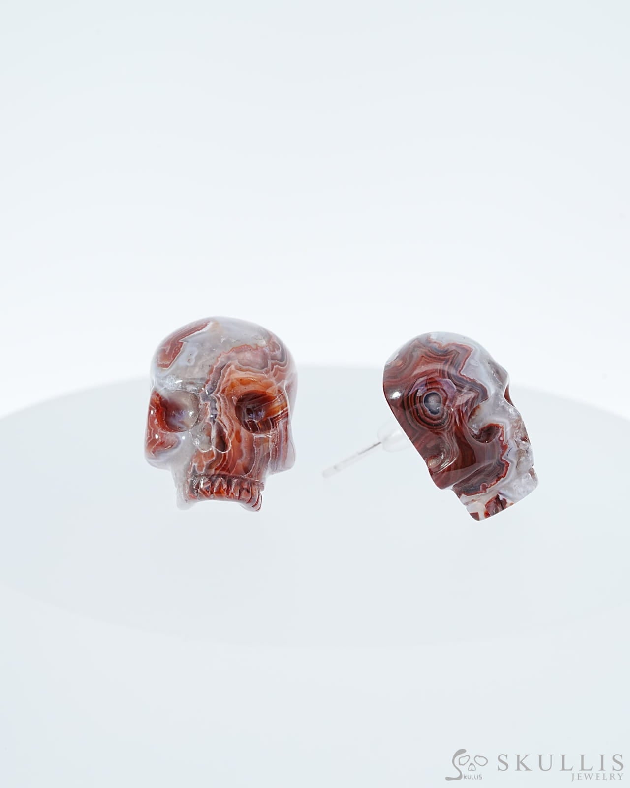 Gem Skull Earrings of Red Crazy Lace Agate Carved Skull 925 Sterling Silver - 9800182 One of a Kind