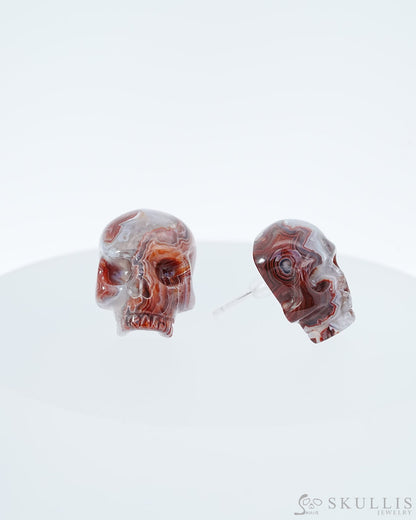 Gem Skull Earrings of Red Crazy Lace Agate Carved Skull 925 Sterling Silver - 9800182 One of a Kind