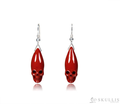 Gem Skull Earrings Of Red Jasper Carved Skull In 925 Sterling Silver