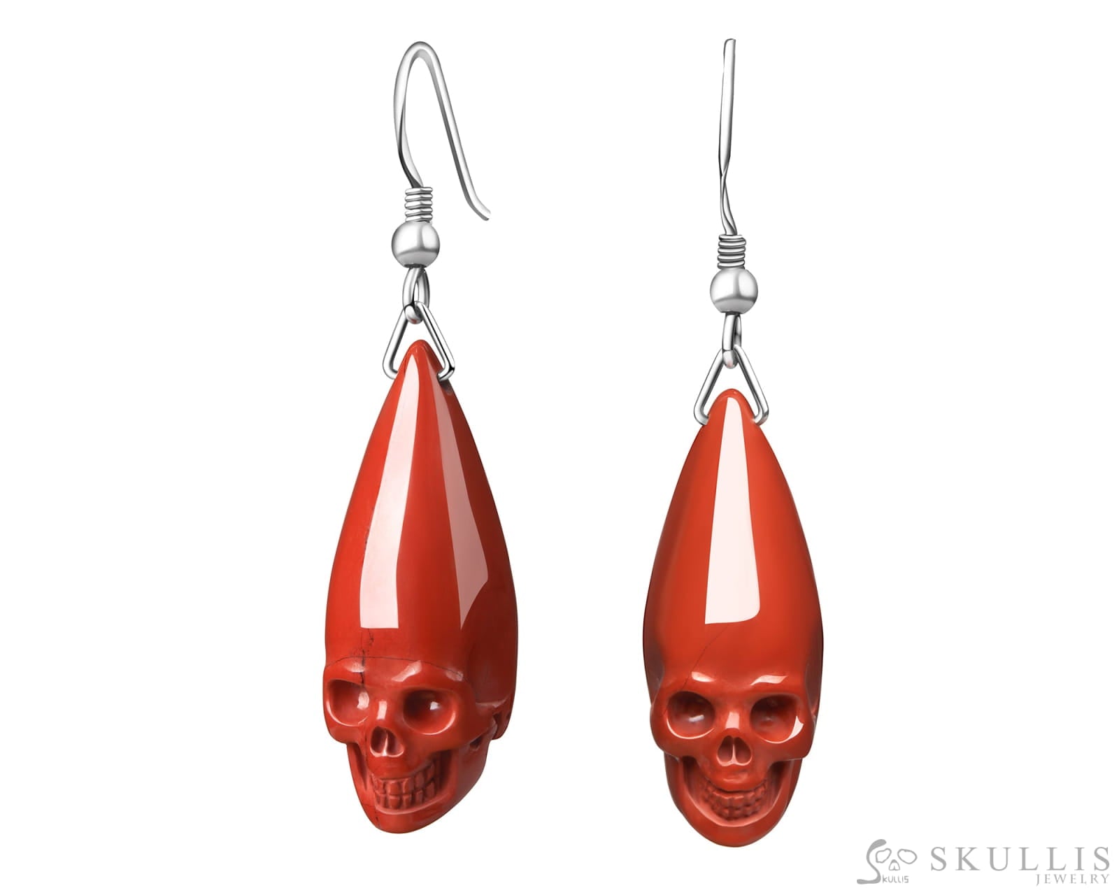 Gem Skull Earrings of Red Jasper Carved Skulls 925 Sterling Silver Skull Earrings