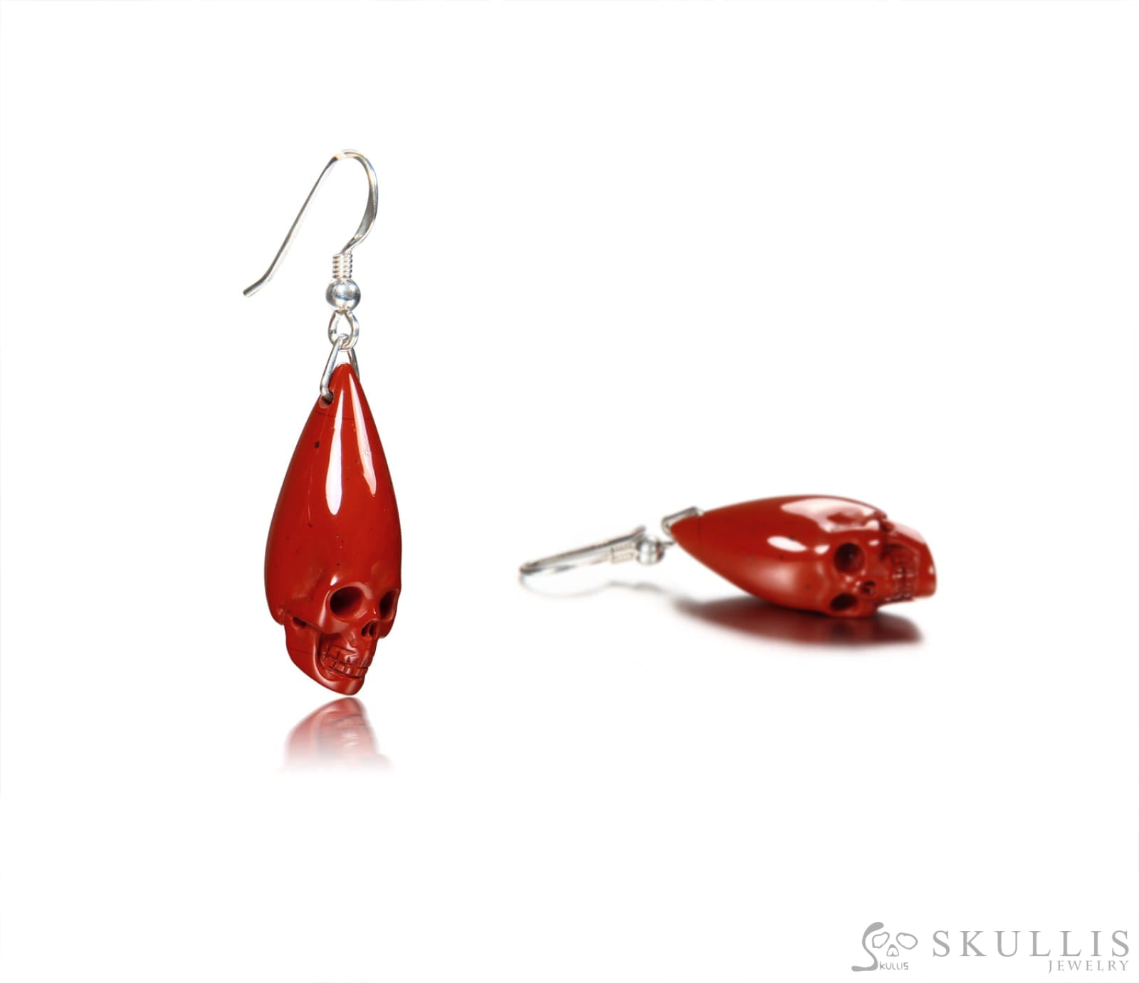 Gem Skull Earrings Of Red Jasper Carved Skull In 925 Sterling Silver