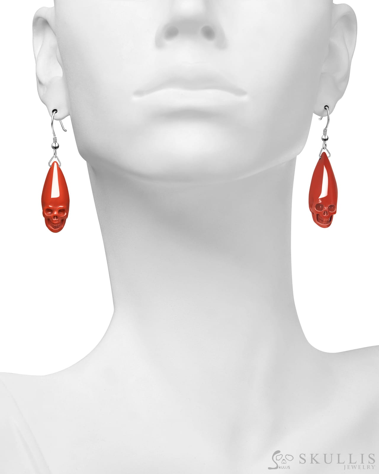 Gem Skull Earrings of Red Jasper Carved Skulls 925 Sterling Silver Skull Earrings