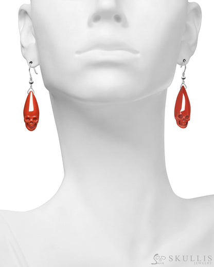 Gem Skull Earrings of Red Jasper Carved Skulls 925 Sterling Silver Skull Earrings