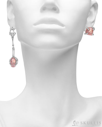 Gem Skull Earrings of Rose Quartz Carved Skull in 925 Sterling Silver