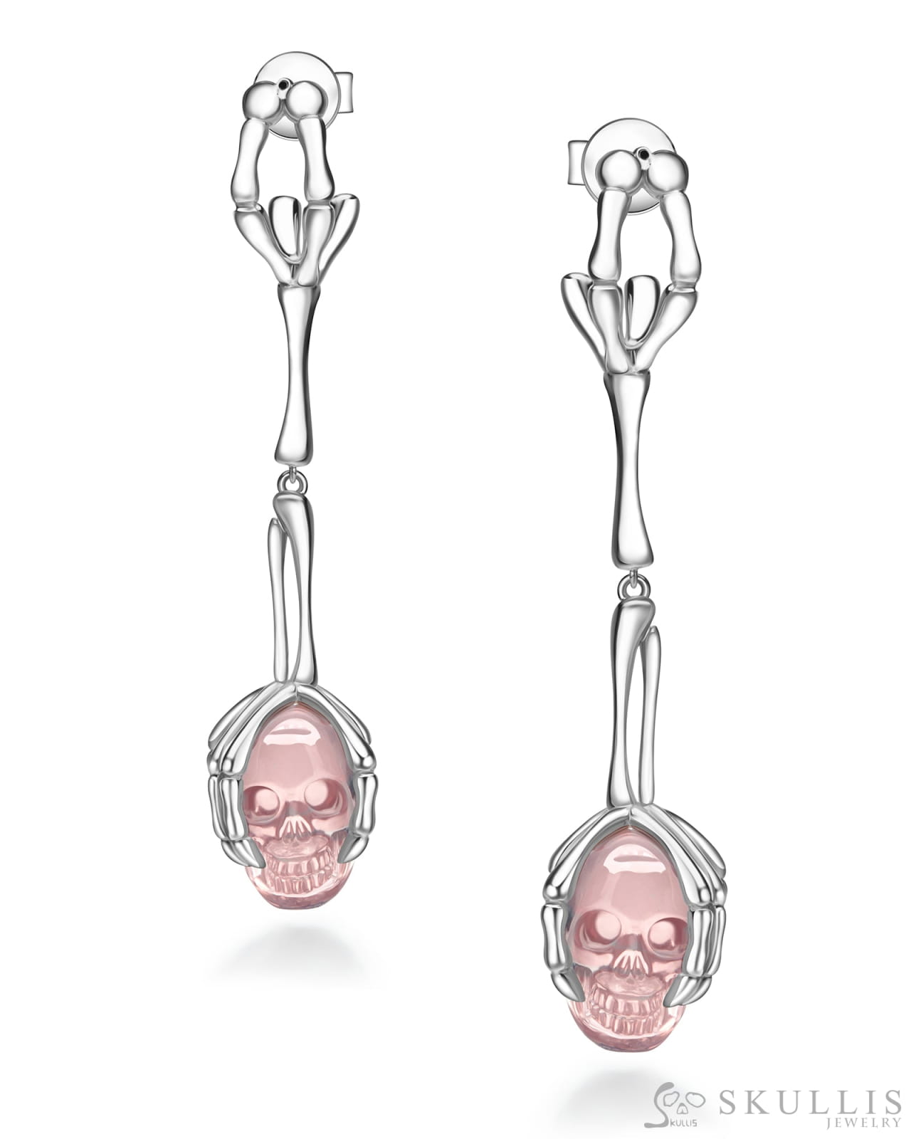 Gem Skull Earrings of Rose Quartz Carved Skull in 925 Sterling Silver Skull Earrings