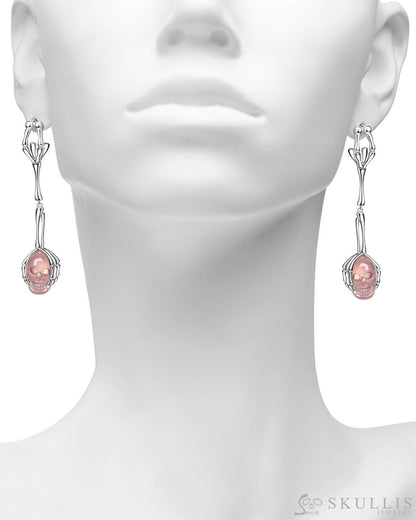 Gem Skull Earrings of Rose Quartz Carved Skull in 925 Sterling Silver Skull Earrings