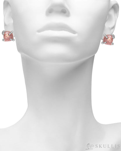 Gem Skull Earrings of Rose Quartz Carved Skull in 925 Sterling Silver Skull Earrings