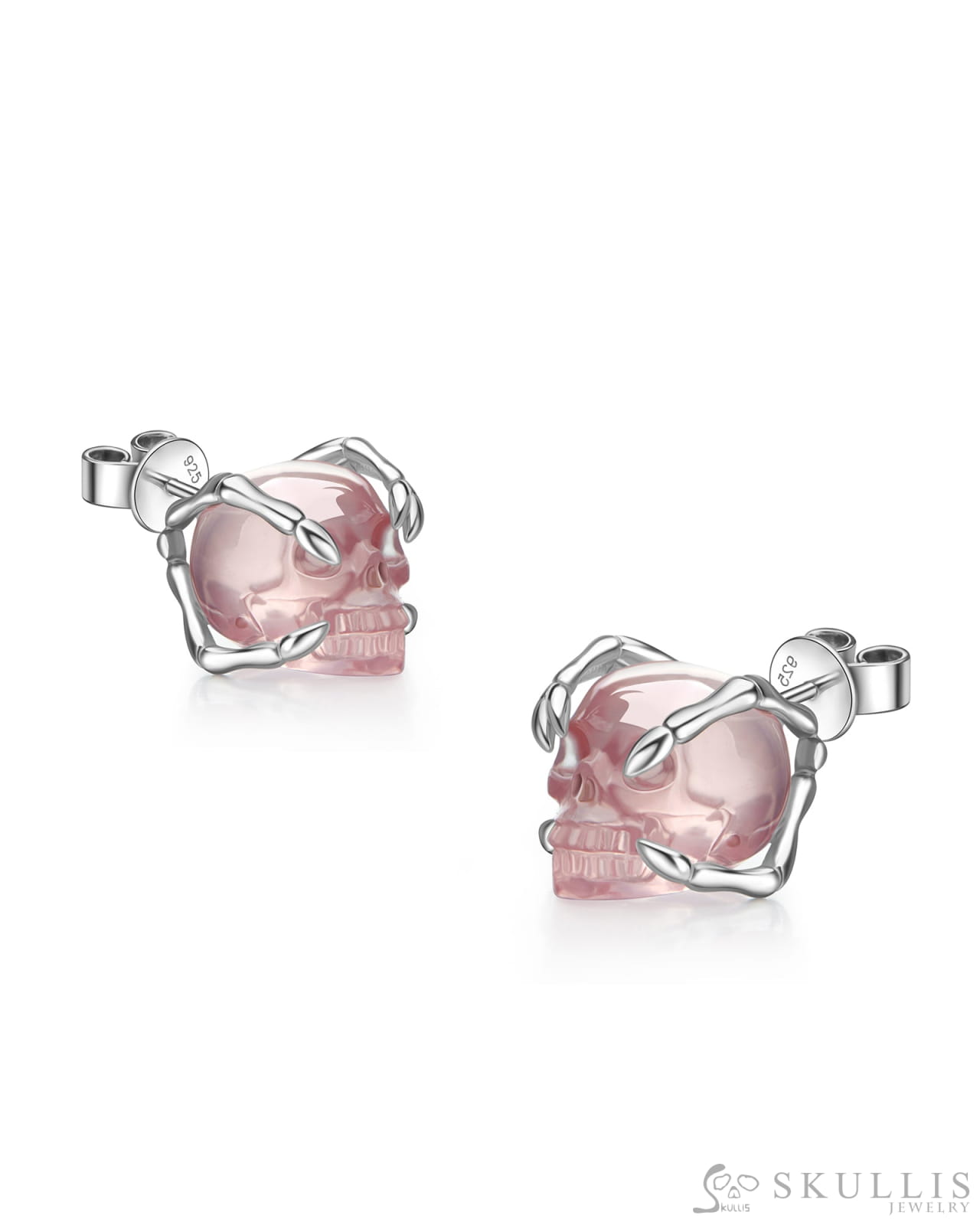 Gem Skull Earrings of Rose Quartz Carved Skull in 925 Sterling Silver Skull Earrings