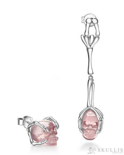 Gem Skull Earrings of Rose Quartz Carved Skull in 925 Sterling Silver