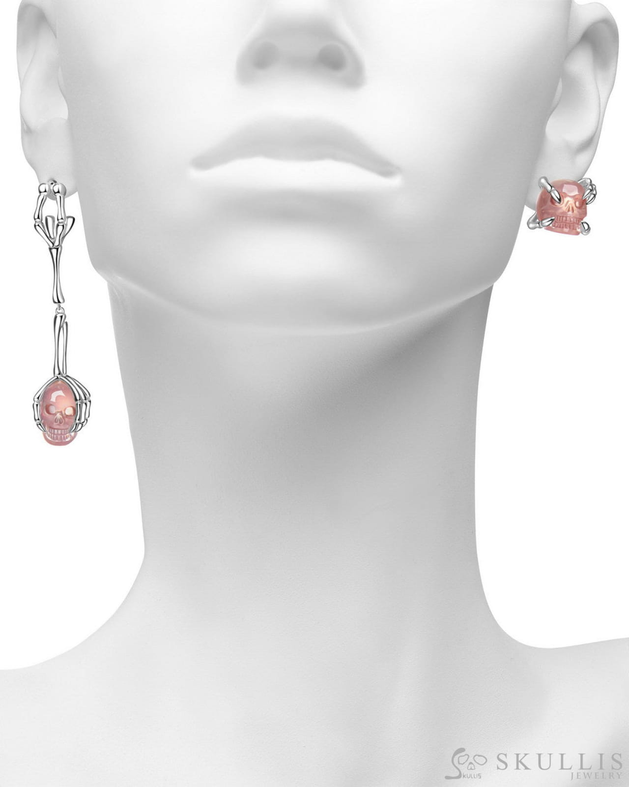 Gem Skull Earrings of Rose Quartz Carved Skull in 925 Sterling Silver Skull Earrings