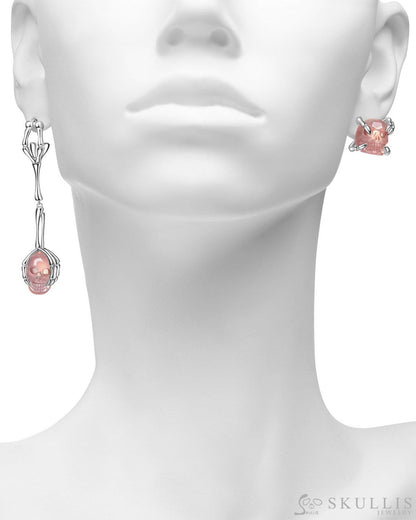 Gem Skull Earrings of Rose Quartz Carved Skull in 925 Sterling Silver Skull Earrings