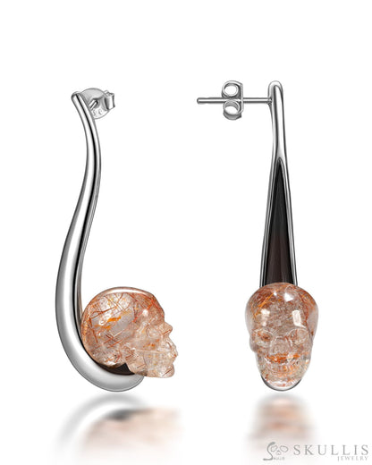 Gem Skull Earrings Of Rutilated Quartz Rock Carved Skull In 925 Sterling Silver Skull