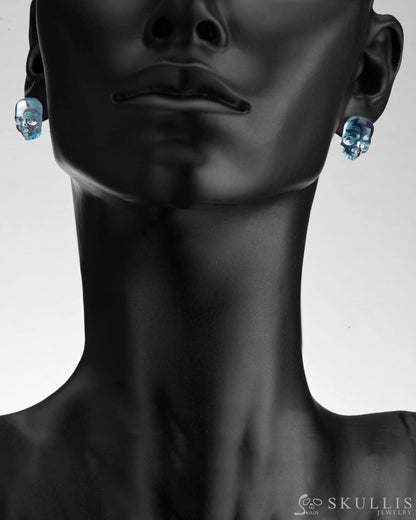 Gem Skull Earrings Of Sky Blue Topaz Carved Skull In 925 Sterling Silver Skull