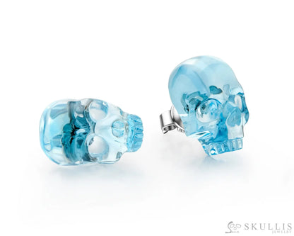 Gem Skull Earrings Of Sky Blue Topaz Carved Skull In 925 Sterling Silver Skull