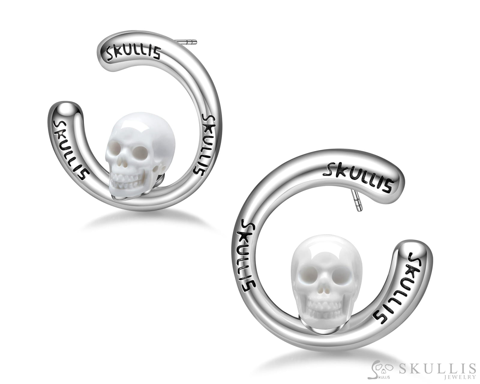Gem Skull Earrings of White Jasper Carved Skull in 925 Sterling Silver Skull Earrings
