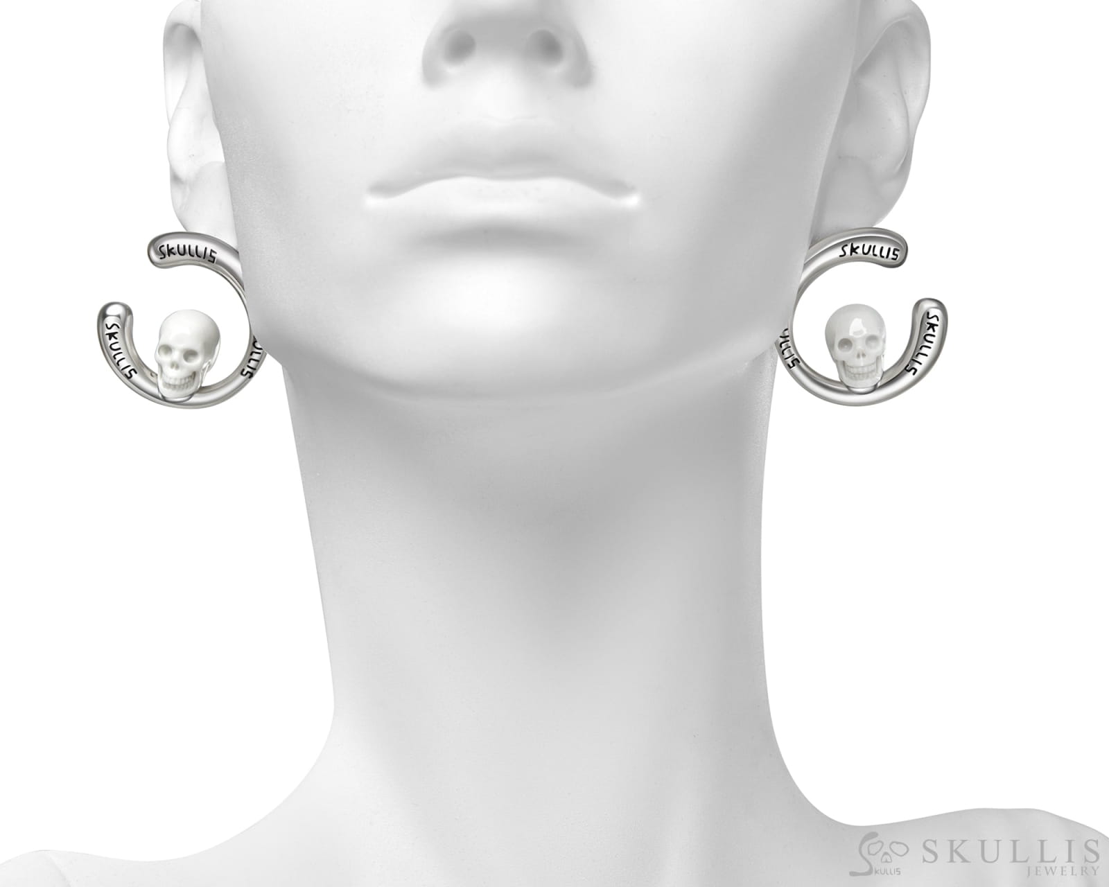 Gem Skull Earrings of White Jasper Carved Skull in 925 Sterling Silver Skull Earrings
