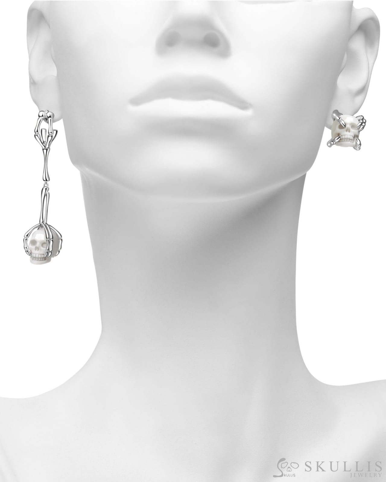 Gem Skull Earrings Of White Jasper Carved In 925 Sterling Silver Rings