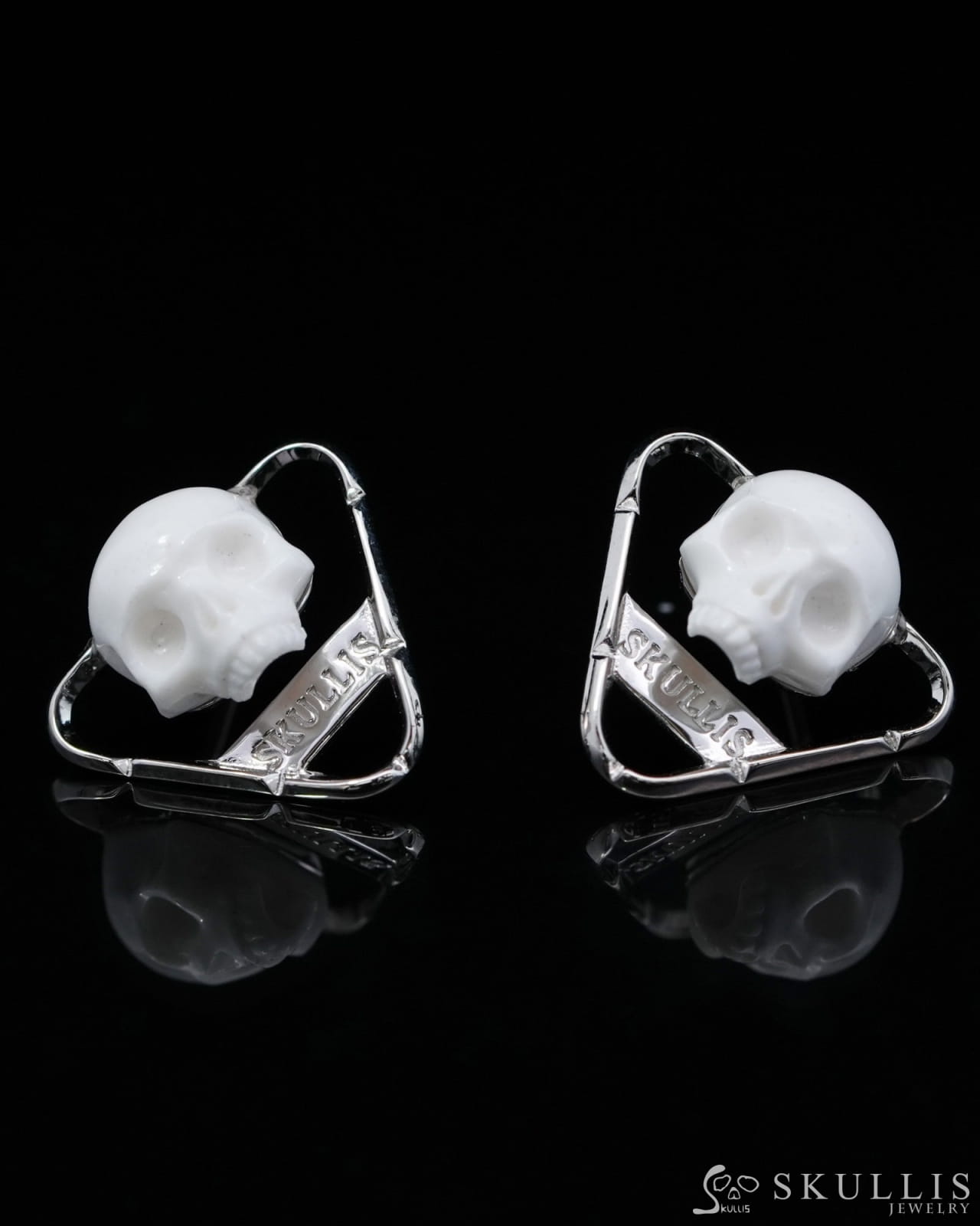 Gem Skull Earrings of White Jasper Carved Skull in 925 Sterling Silver-9500156 One of a Kind
