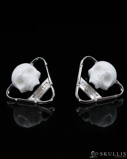 Gem Skull Earrings of White Jasper Carved Skull in 925 Sterling Silver-9500156 One of a Kind
