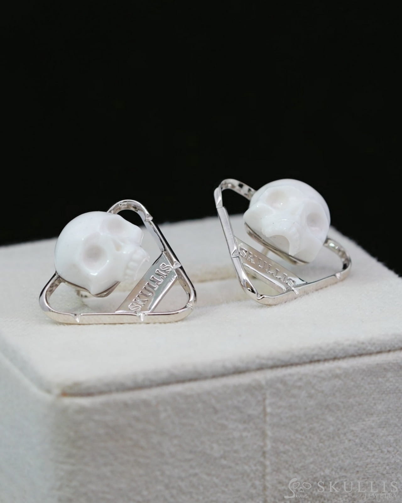 Gem Skull Earrings of White Jasper Carved Skull in 925 Sterling Silver-9500156 One of a Kind