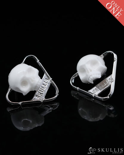 Gem Skull Earrings of White Jasper Carved Skull in 925 Sterling Silver-9500156 One of a Kind