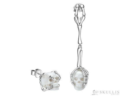 Gem Skull Earrings Of White Jasper Carved In 925 Sterling Silver Rings