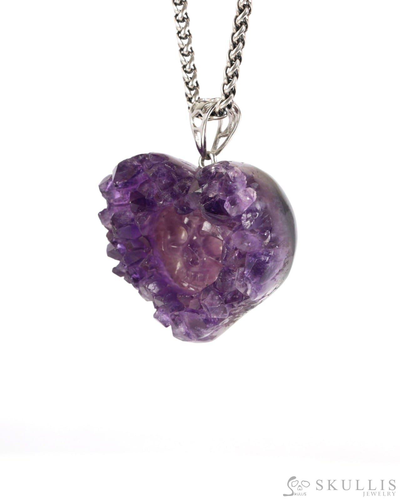 Gem Skull Pendant Necklace of Agate Amethyst Druse Carved Skull with Silver Bail in Sterling Silver-9900000 Skull