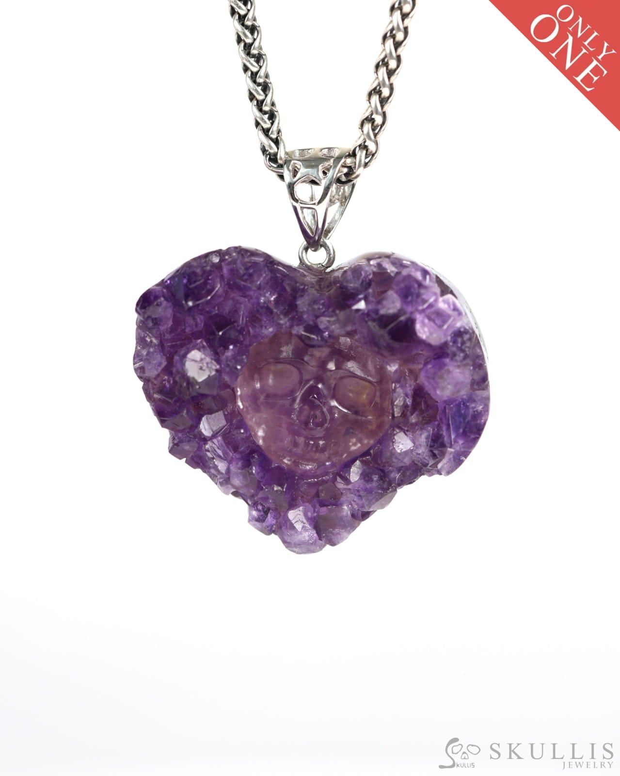 Gem Skull Pendant Necklace of Agate Amethyst Druse Carved Skull with Silver Bail in Sterling Silver-9900000 Skull