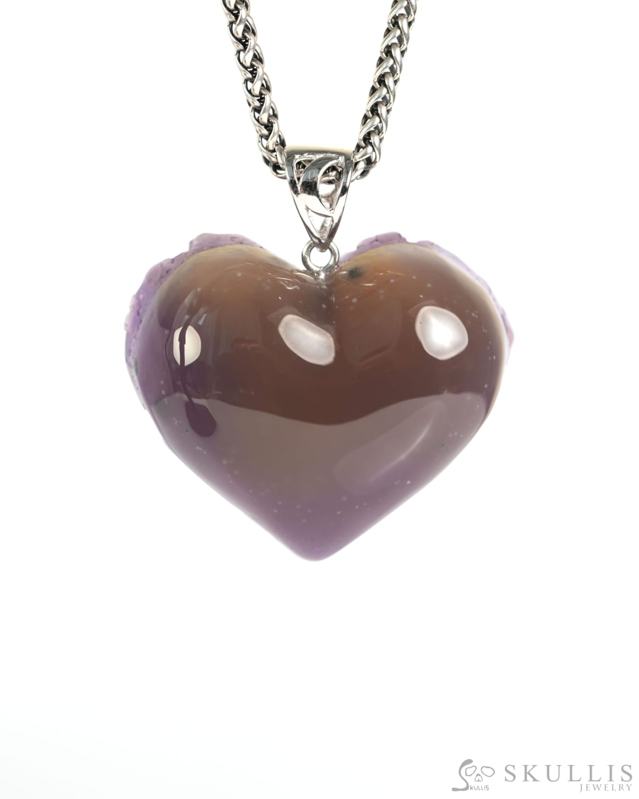 Gem Skull Pendant Necklace of Agate Amethyst Druse Carved Skull with Silver Bail in Sterling Silver-9900001 Skull