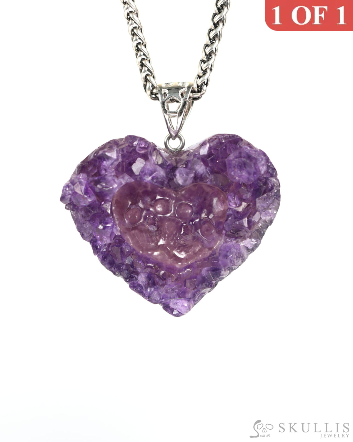 Gem Skull Pendant Necklace of Agate Amethyst Druse Carved Skull with Silver Bail in Sterling Silver-9900001 Skull