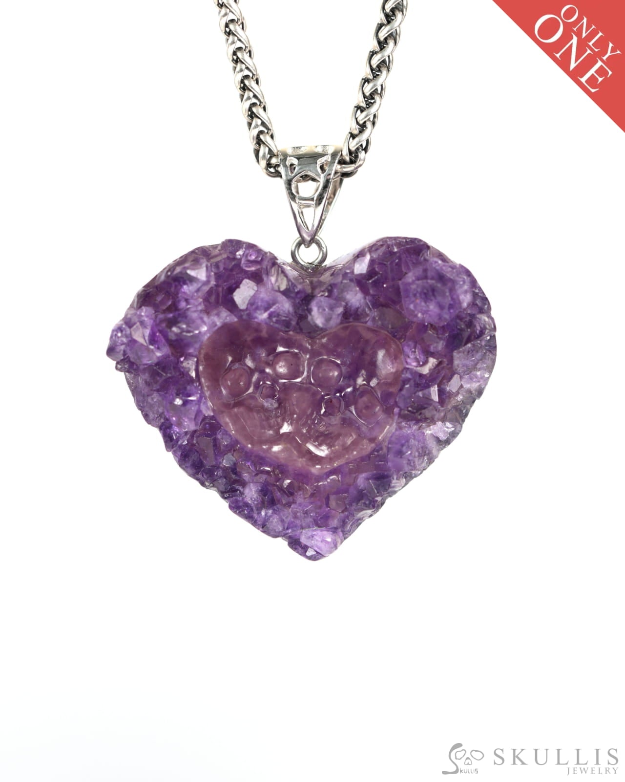 Gem Skull Pendant Necklace of Agate Amethyst Druse Carved Skull with Silver Bail in Sterling Silver-9900001 Skull