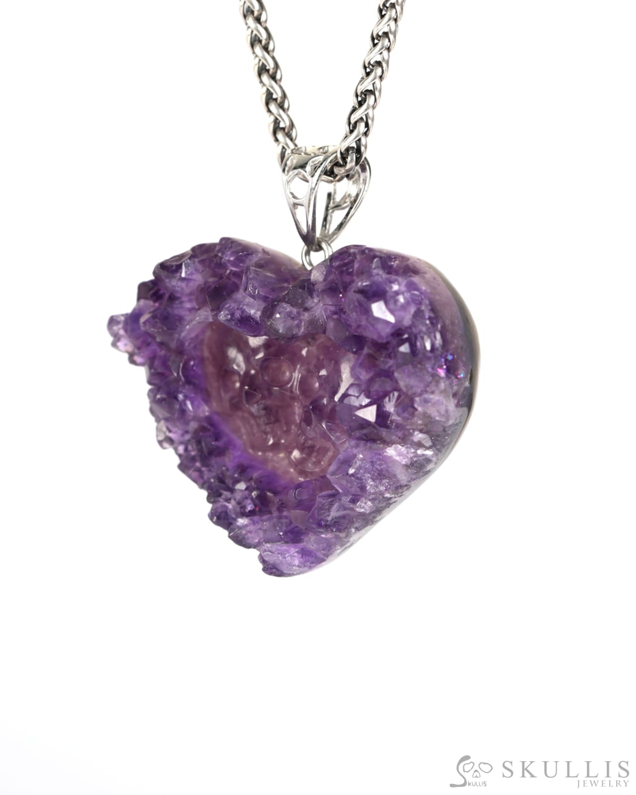 Gem Skull Pendant Necklace of Agate Amethyst Druse Carved Skull with Silver Bail in Sterling Silver-9900001 Skull