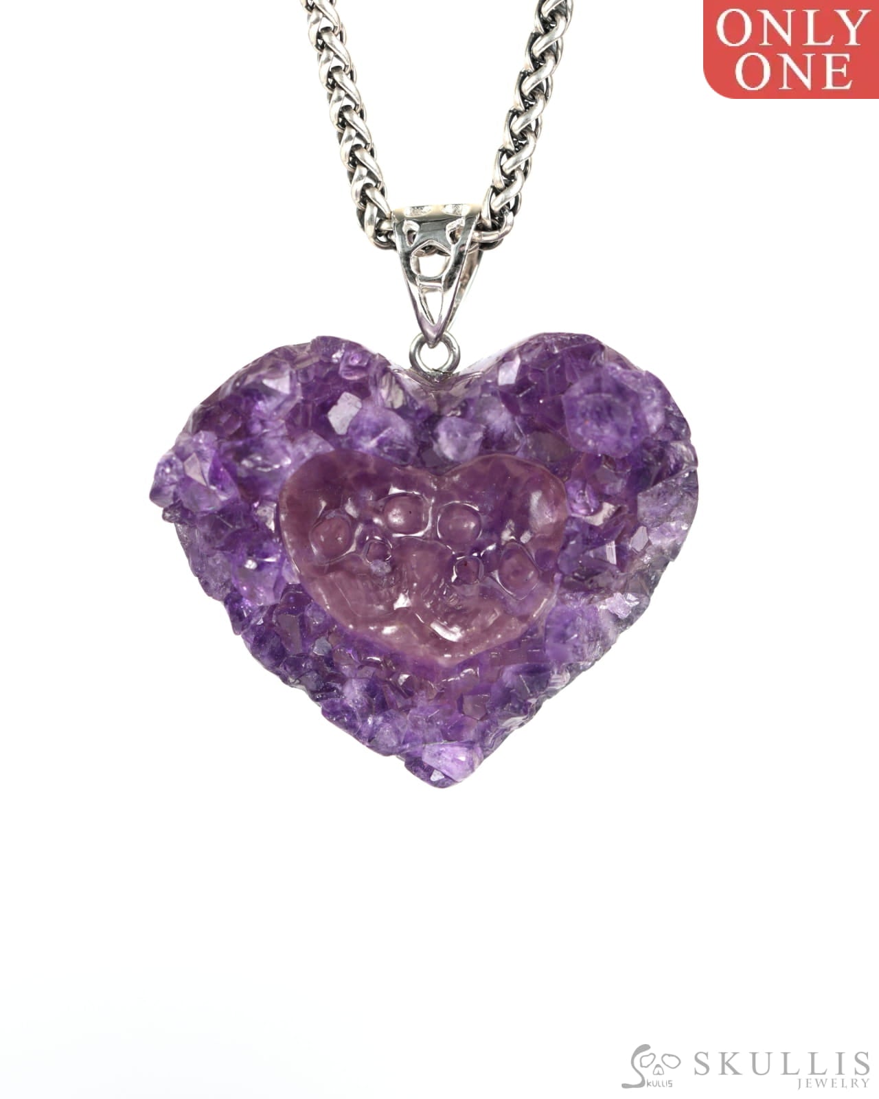 Gem Skull Pendant Necklace of Agate Amethyst Druse Carved Skull with Silver Bail in Sterling Silver-9900001 Skull