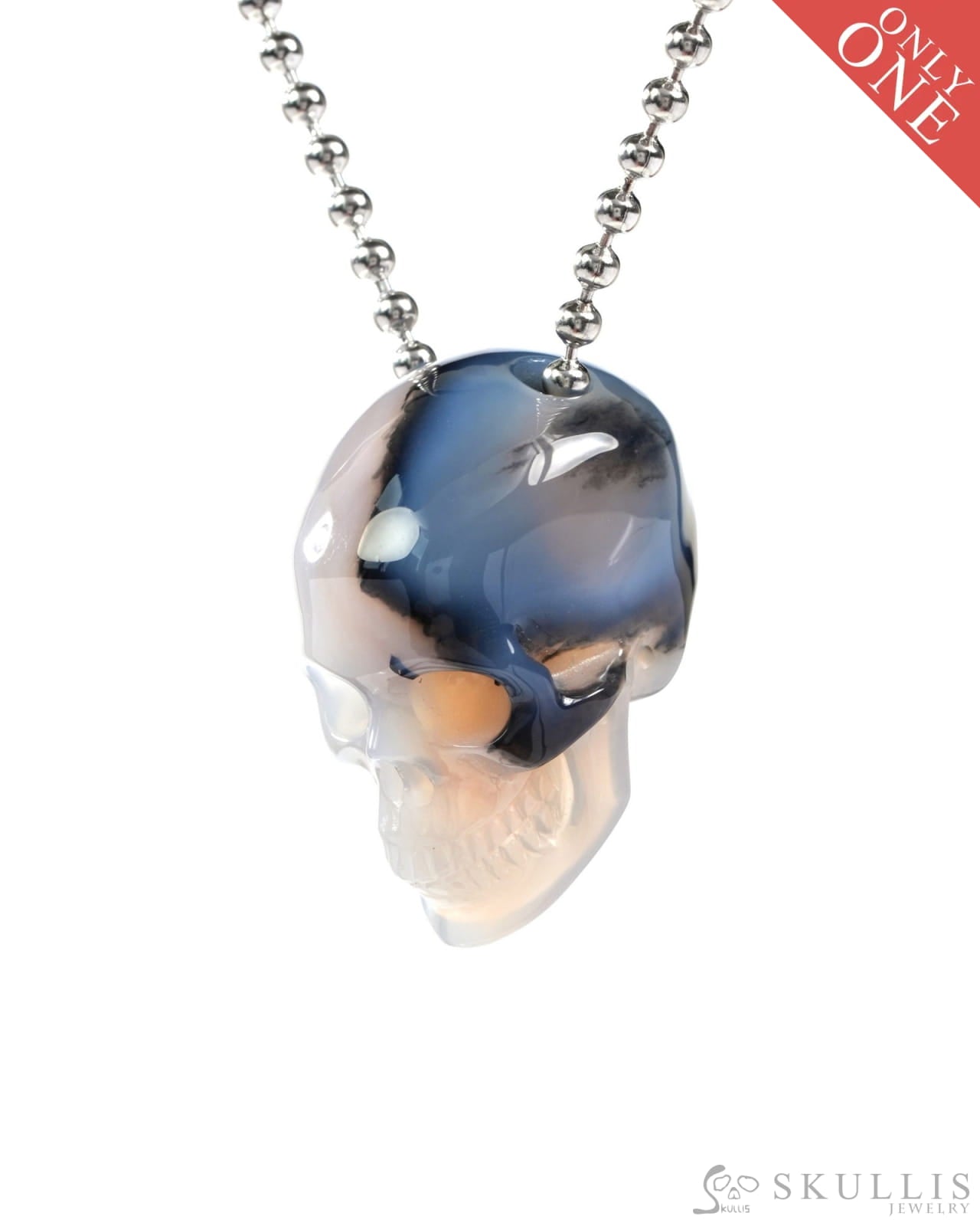 Gem Skull Pendant Necklace of Mozambique Agate Carved Hollow Skull with 925 Silver Chain - 9500203 Skull Pendants