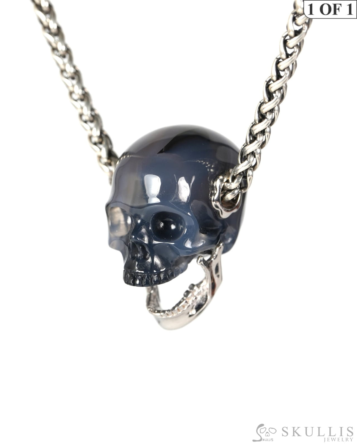 Gem Skull Pendant Necklace of Agate Hand Carved Skull with Movable Jaw in 925 Sterling Silver - 9900609 - Skull Pendants