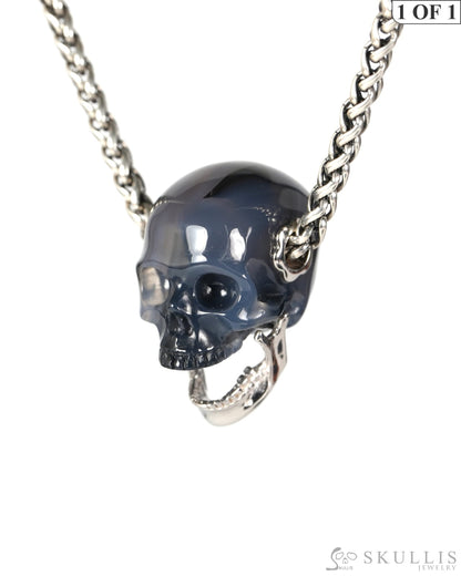 Gem Skull Pendant Necklace of Agate Hand Carved Skull with Movable Jaw in 925 Sterling Silver - 9900609 - Skull Pendants