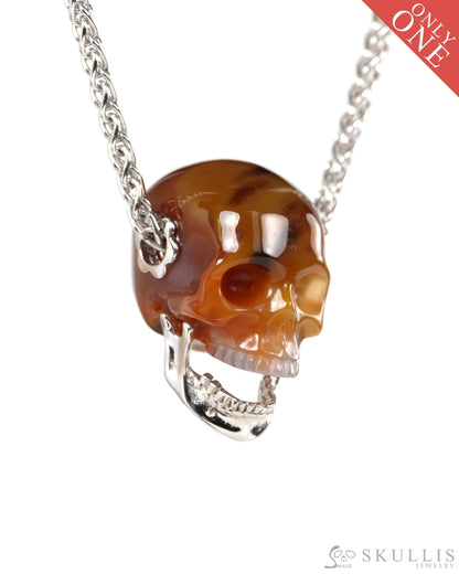 Gem Skull Pendant Necklace of Agate Hand Carved Skull with Movable Jaw in 925 Sterling Silver - ZR19900142 - Skull