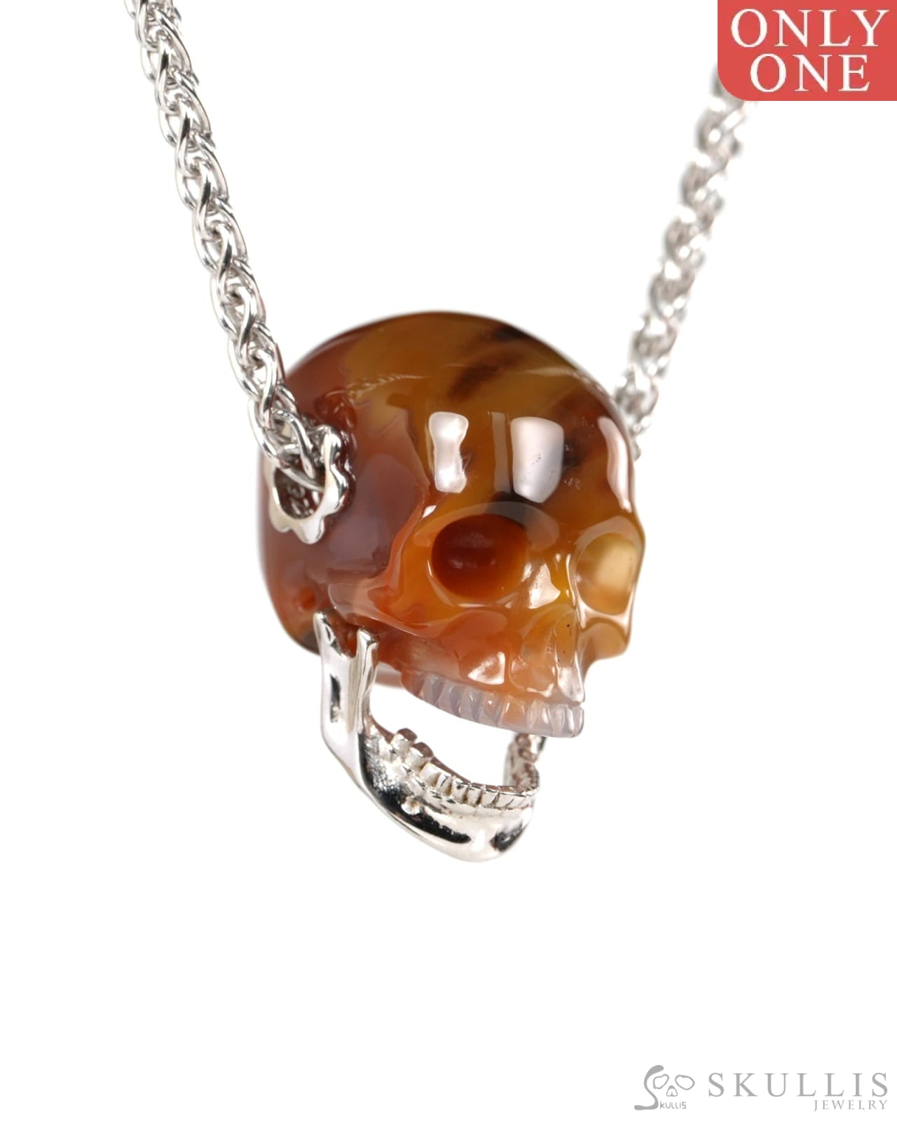 Gem Skull Pendant Necklace of Agate Hand Carved Skull with Movable Jaw in 925 Sterling Silver - ZR19900142 - Skull