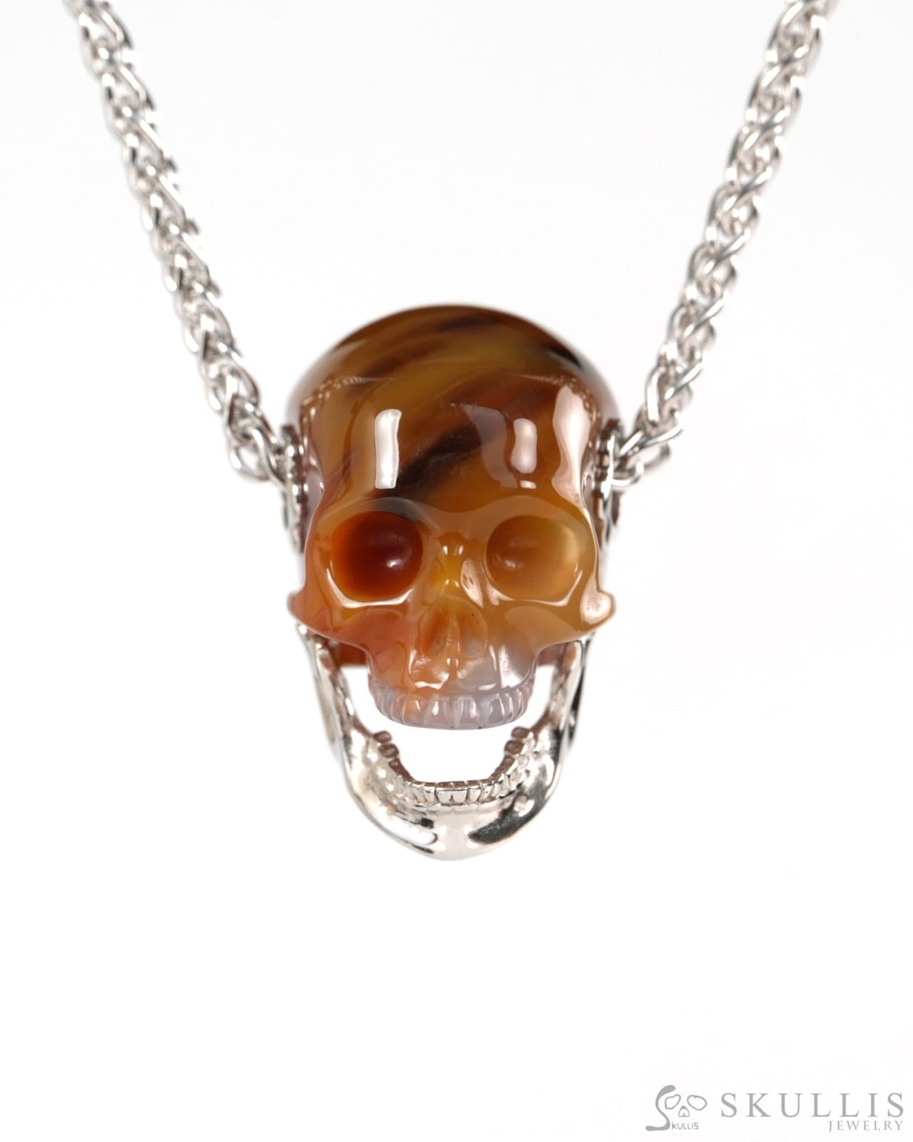 Gem Skull Pendant Necklace of Agate Hand Carved Skull with Movable Jaw in 925 Sterling Silver - ZR19900142 - Skull