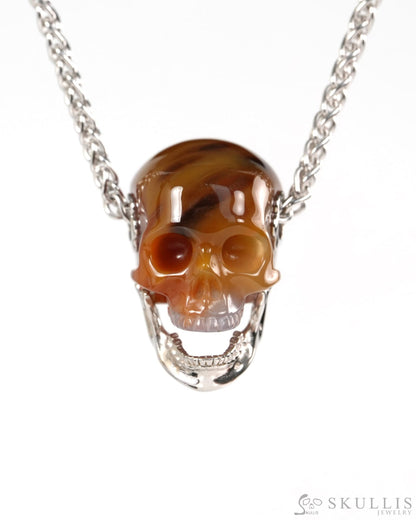 Gem Skull Pendant Necklace of Agate Hand Carved Skull with Movable Jaw in 925 Sterling Silver - ZR19900142 - Skull