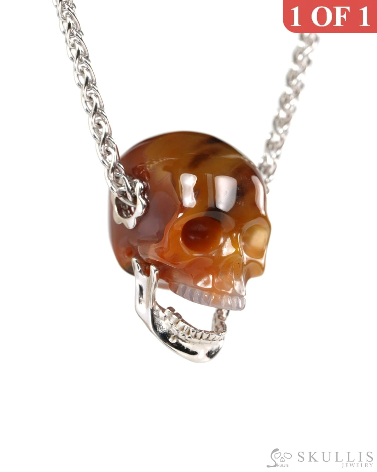 Gem Skull Pendant Necklace of Agate Hand Carved Skull with Movable Jaw in 925 Sterling Silver - ZR19900142 - Skull