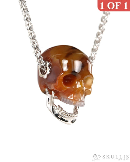 Gem Skull Pendant Necklace of Agate Hand Carved Skull with Movable Jaw in 925 Sterling Silver - ZR19900142 - Skull
