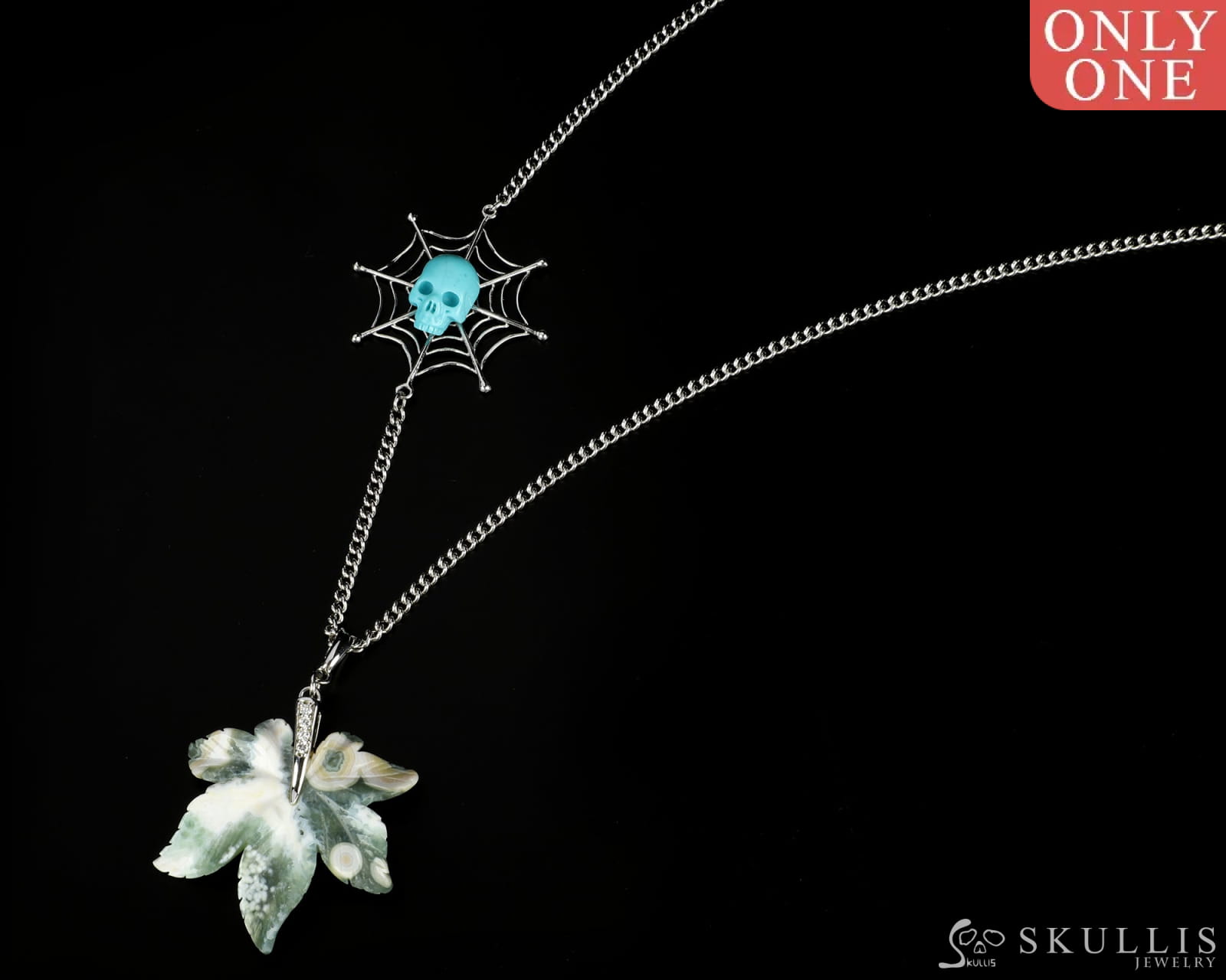 Gem Skull Pendant Necklace Of Turquoise Carved Skull With Ocean Jasper Leaf In Blackened