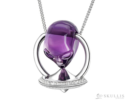 Gem Skull Pendant Necklace Of Amethyst Carved Alien In 925 Silver Ufo Pendants