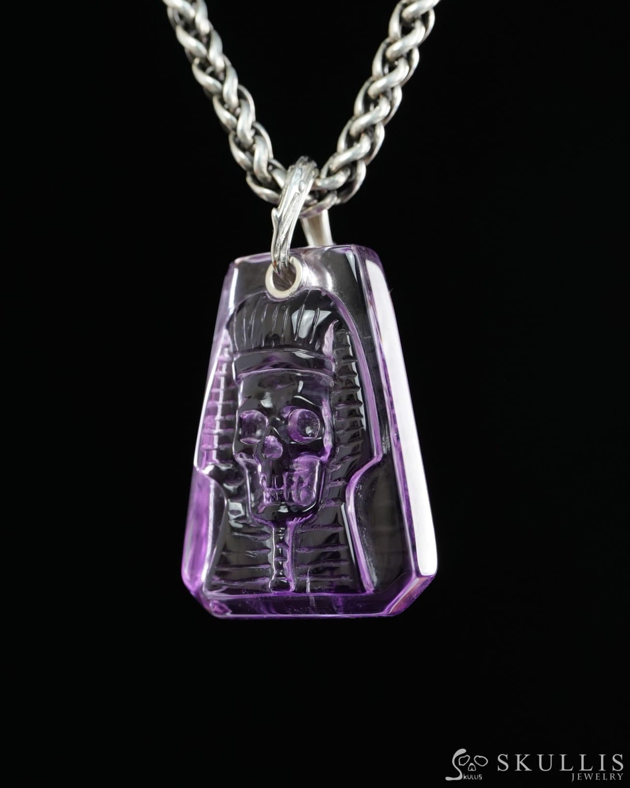 Gem Skull Pendant Necklace of Amethyst Carved Pharaoh Skull - 9900496 - Skull Pendants