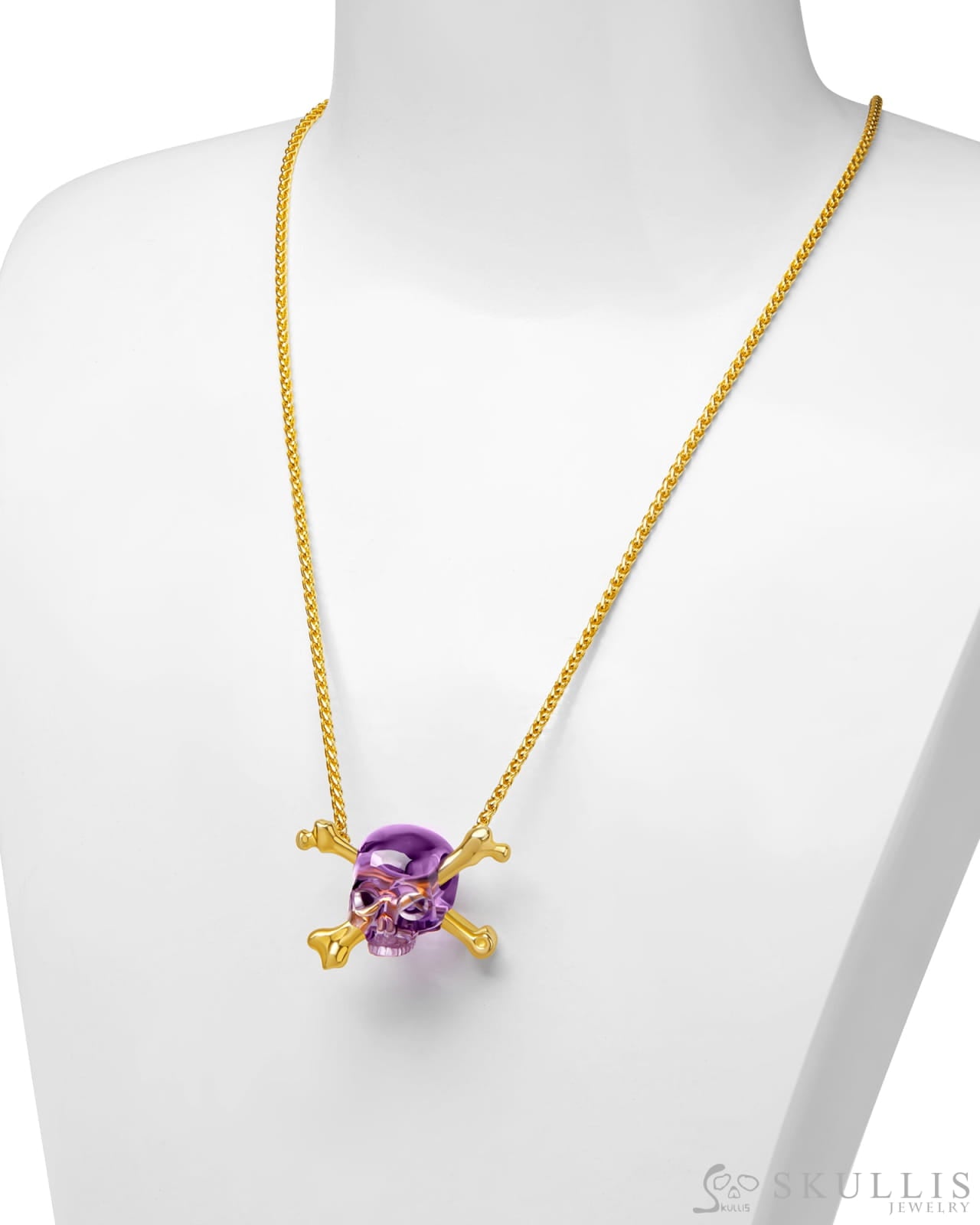 Gem Skull Pendant Necklace of Amethyst Carved Skull with Crossbones in 18K Gold-Plated 925 Sterling Silver