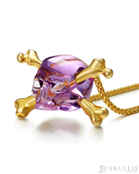 Gem Skull Pendant Necklace of Amethyst Carved Skull with Crossbones in 18K Gold-Plated 925 Sterling Silver