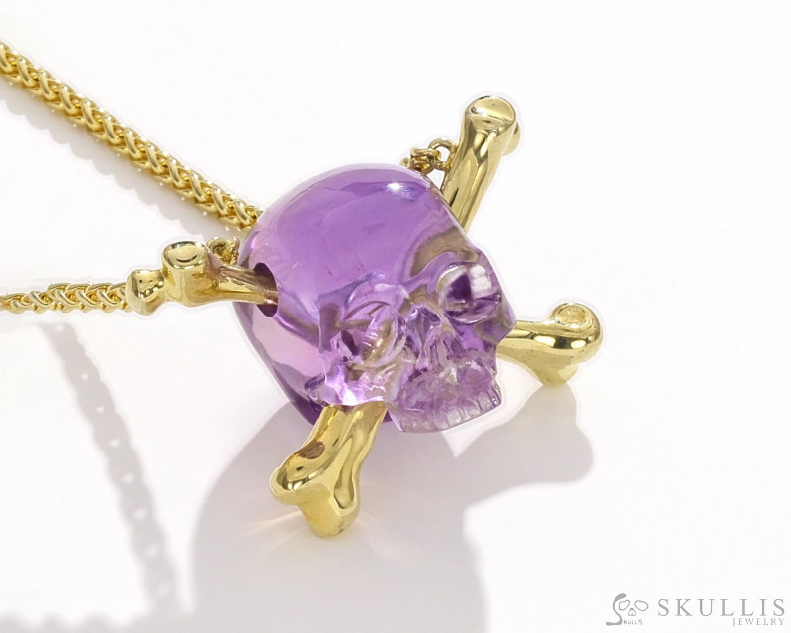 Gem Skull Pendant Necklace of Amethyst Carved Skull with Crossbones in 18K Gold-Plated 925 Sterling Silver Skull