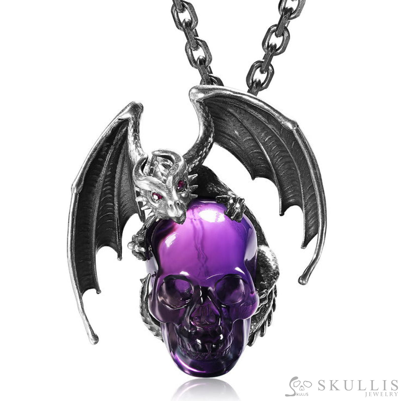 Gem Skull Pendant Necklace Of Amethyst Carved Skull With Ruby - Eye Dragon In Blackened